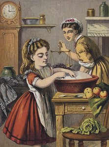 Dívka pomáhající v kuchyni (barevná litografie) od English School