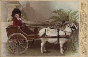 Dívka v kozím vozíku, novoroční přání (chromolitho) od English School