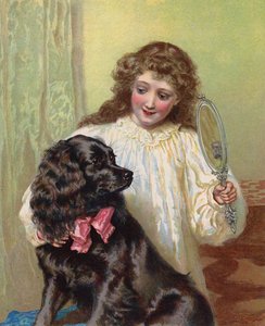 Dívka ukazuje svému psímu miláčkovi jeho odraz v zrcadle (chromolitho) od English School