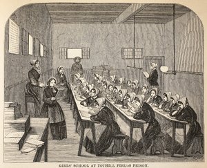 Dívčí škola ve věznici Tothill Fields, ilustrace z knihy The Criminal Prisons of London and Scenes from Prison Life od Henryho Mayhewa a Johna Binnyho, vyd. 1862 od English School