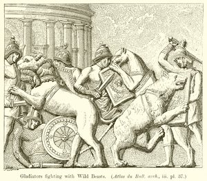 Gladiátoři bojující s divokými zvířaty. (Atlas du Bull. arch., iii. pl. 37) od English School