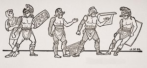 Gladiátoři, z nástěnné malby v Pompejích, ilustrace z Nástin historie od H. G. Wellse, svazek I, vydané v roce 1820 od English School