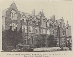 Godolphin School, Hammersmith, část hlavního průčelí, od jihu (rytina) od English School