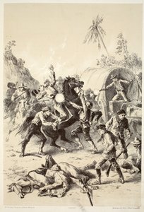 Zlatý doprovod napaden Bush Rangers, z Historie Australasie od Davida Blaira, McGradyho, Thomsona a Nivena, 1879 od English School