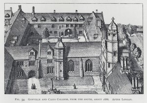 Gonville and Caius College, z jihu, asi 1688, po Loggan (rytina) od English School