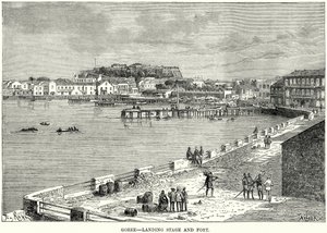 Goree - vyloďovací stupeň a pevnost (rytina) od English School