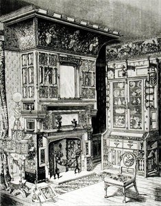 Gotická skříň a vysoce zdobený komínový kus z části místnosti sestavené Cox & Sons pro Philadelphii od English School