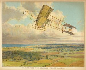 "Grahame-White ve svém letadle letícím do Blackpoolu." Lidová kniha vzducholodí. Londýn: Ernest Nister, [1912] od English School