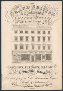 Grand British and Continental Coffee House, 66 a 67 Cornhill, obchodní karta od English School