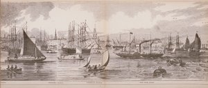 Grand Panorama of London, od řeky Temže při pohledu na Shadwell, East India Docks a Limehouse, 1849 (dřevoryt) od English School