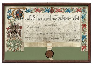 Udělení zbraní Charlesi Hewittovi, 1597 od English School