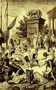 Řecká kultura – sochy a umělecká díla odvezená do Říma, ilustrace z Ilustrované historie světa, vydaná kolem roku 1880 (digitálně vylepšený obrázek) od English School