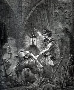 Gunpowder Plot: Spiknutí katolíků (rytina) od English School