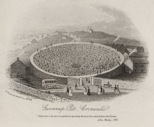 Gwennap Pit, Cornwall, kde John Wesley kázal při mnoha příležitostech mezi 1762 a 1789 (rytina) od English School