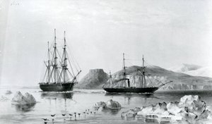 HMS Assistance in Tow of Pioneer kolem John Harrow Mount, North Wellington Channel v roce 1853 (litografie) od English School