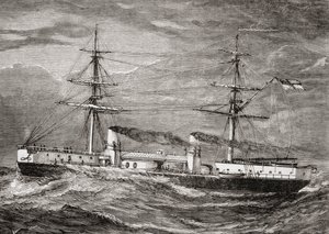 HMS Inflexible, bitevní křižník třídy Invincible britského královského námořnictva, ilustrace z 