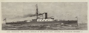 HMS „Trafalgar“, největší železný plášť v britském námořnictvu, spuštěna v Portsmouthu 20. září (rytina) od English School