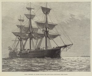 HMS Triumph, na palubě které se odehrála pozdní fatální exploze (rytina) od English School