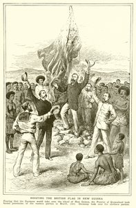 H. M. Chester, queenslandský soudce při vztyčování britské vlajky na Nové Guineji, březen 1883 od English School