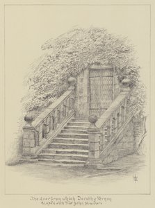 Haddon Hall, dveře, ze kterých Dorothy Vernon utekla se sirem Johnem Mannersem (litho) od English School