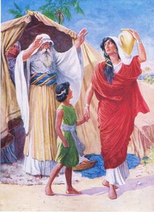 Hagar a Ismael, z The Bible Picture Book vydané Thomasem Nelsonem, kolem roku 1950 od English School