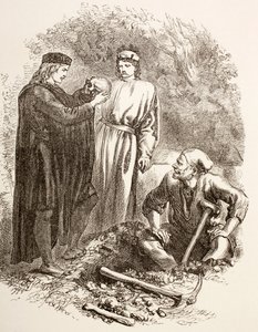 Hamlet drží lebku Yoricka, ilustrace Aktu V, Scéna I v Hamletovi, z „The Illustrated Library Shakespeare“, vydané v Londýně 1890 od English School