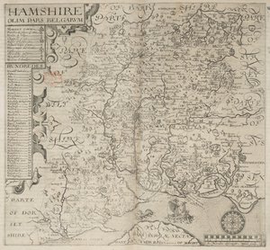 Hampshire, dříve součást Belgičanů. popsal J. Norden W. Hole sculp., z Camdenovy "Britannia." 6. vydání. fol. 187 (rytina) od English School