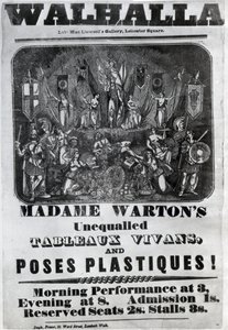 Reklamní leták „Nepřekonatelné výjevy a pózy madame Wartonové“, kolem roku 1847 od English School