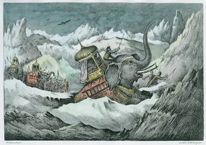 Hannibal (247-183 př. n. l.) a jeho váleční sloni při přechodu Alp (pozdější kolorování)