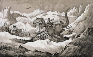 Hannibal (247-c.183 př.nl) a jeho váleční sloni překračující Alpy od English School