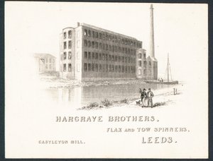 Hargrave Brothers, přadleny lnu a koudelí, obchodní karta od English School