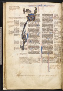Harley 3487, f.22v Historická iniciála „S“ s mužem, který čte knihu a ukazuje k nebesům, a na okraji muže, který tlačí nahého muže ve voze, s ptákem, mužem se sekerou a dračí a lidská hlava ve tvaru písmene, na začátku bučení od English School