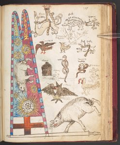 Harley 4632, f.242, prapor Richarda III. v Bosworthu, plus Yorkist sunburst (vellum) od English School