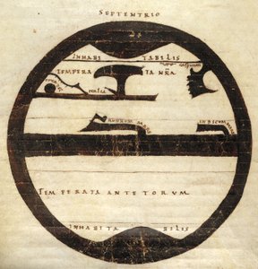 Harley MS 2772 f. 70v, Diagrammatic Zonal World Map, cca 1050 (inkoust a tempera na pergamenu) od English School