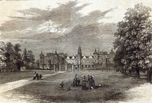 Hatfield House, sídlo markýze ze Salisbury, z „The Illustrated London News“, 11. července 1874 (rytina) od English School