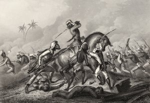 Sloupec Havelocks útočící na vzbouřence před Cawnpore, z „Historie indické vzpoury“ vydané v roce 1858 od English School