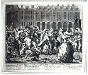 On a jeho opilí společníci vyvolávají vzpouru v Covent Garden, z pirátského seriálu založeného na Hogarthově 