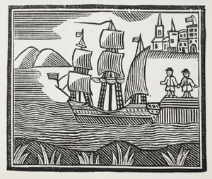 Vydává se na svou rušnou cestu, ilustrace z Chap-books of the Eighteenth Century od Johna Ashtona, hospoda. 1882 od English School