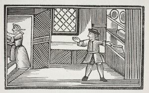 Šel do spíže a pomohl si chlebem s máslem, ilustrace z Chap-books of the Eighteenth Century od Johna Ashtona, hospoda. 1882 od English School