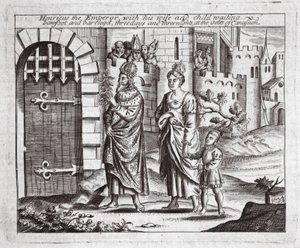Henricus císař se svou ženou a dítětem čekající, bos a naboso, tři dny a tři noci u bran Canusuamu, ilustrace ze Skutků a památek od Johna Foxe, deváté vydání, od English School