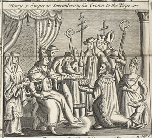 Císař Jindřich 4. odevzdává svou korunu papeži, ilustrace ze Skutků a památek od Johna Foxe, deváté vydání, pub. 1684 od English School