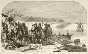 Henry Hudson nabízí likér Indiánům v roce 1609 (litho) od English School