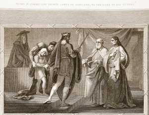 Jindřich IV. svěřuje prince Jakuba Skotského do péče svým učitelům, ilustrace od Davida Humese Historie Anglie, hospoda. od R. Bowyera, Londýn, 1812 od English School