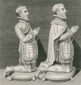 Henry Stuart, lord Darnley a jeho bratr Charles Stuart, hrabě z Lennoxu, klečící před hrobkou své matky ve Westminsterském opatství, vyryl Andrew Birrell, 1796 od English School
