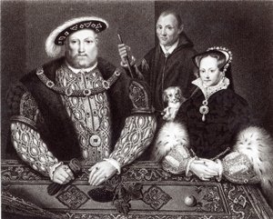 Henry VIII, jeho dcera Queen Mary a Will Somers, po olejomalbě ze 16. století, namalované posmrtně, 1821 od English School