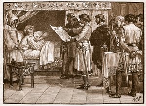 Jindřich přijímá zprávu o Johnsově zradě, ilustrace z Cassells Illustrated History of England (sépiová fotografie) od English School