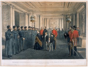 Její Veličenstvo královna Viktorie (1819-1901) a H.R.H princ Albert (1819-61) inspekce zraněných vojáků granátnické gardy v Buckinghamském paláci, 1855 od English School