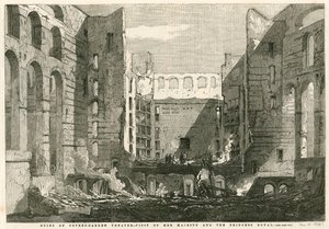 Její Veličenstvo v doprovodu princezny Royal na návštěvě ruin Covent Garden Theatre v Londýně od English School
