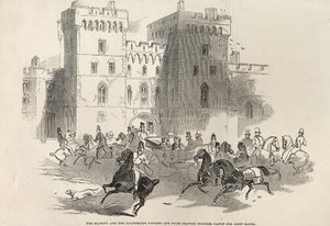 Její Veličenstvo a její vznešení hosté a suita odjíždějí z hradu Windsor na dostihy v Ascotu, z "The Illustrated London News", 14. června 1845. od English School