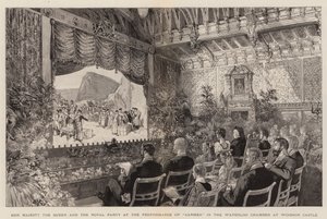 Její Veličenstvo královna a královský večírek na představení „Carmen“ v komoře Waterloo na zámku Windsor (rytina) od English School